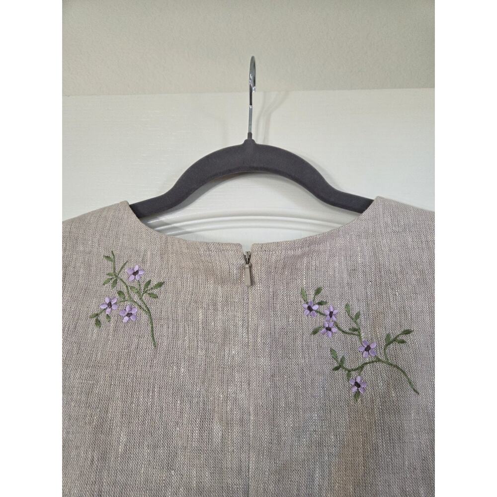 Talbots Classic 100% Linen Khaki Embroidered Floral Modest Mini Dress, Size 12P - Picture 11 of 15